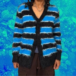 Striped Fuzzy Cardigan Sweater - Black and Blue